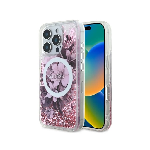Guess Phone Case MagSafe Flowers Liquid Glitter (iPhone 16 Pro, pink)